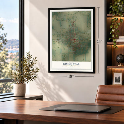 Rising Star, Texas map, 18 x 24 inch print in a black frame in a home office