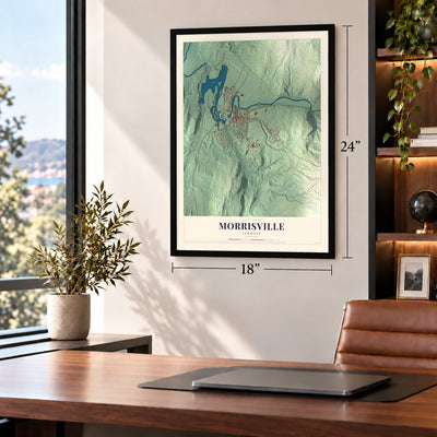 Morrisville, Vermont map, 18 x 24 inch print in a black frame in a home office