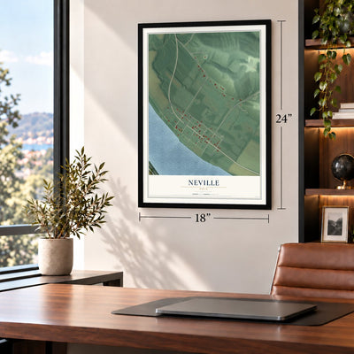 Neville, Ohio map, 18 x 24 inch print in a black frame in a home office