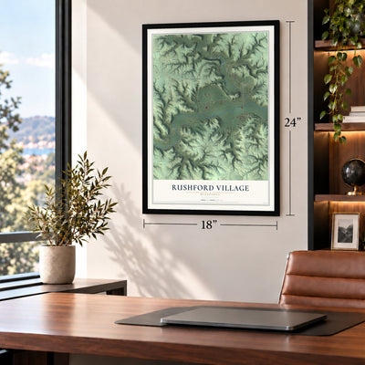 Rushford Village, Minnesota map, 18 x 24 inch print in a black frame in a home office