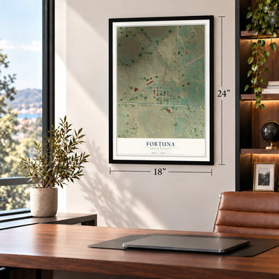 Fortuna, North Dakota map, 18 x 24 inch print in a black frame in a home office
