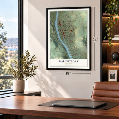 Walnutport, Pennsylvania map, 18 x 24 inch print in a black frame in a home office