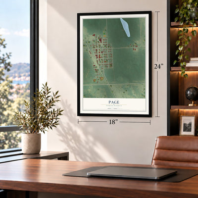 Page, North Dakota map, 18 x 24 inch print in a black frame in a home office
