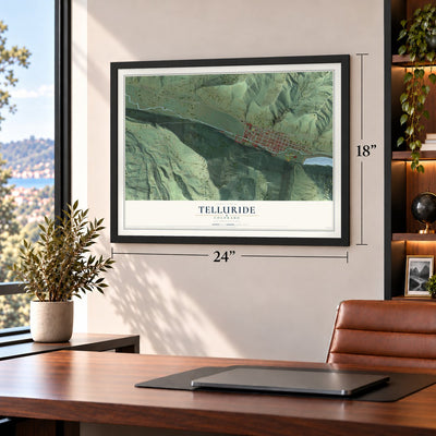 Telluride, Colorado map, 18 x 24 inch print in a black frame in a home office
