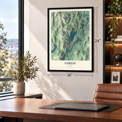 Fairlee, Vermont map, 18 x 24 inch print in a black frame in a home office