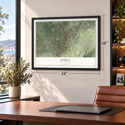 Avoca, Pennsylvania map, 18 x 24 inch print in a black frame in a home office