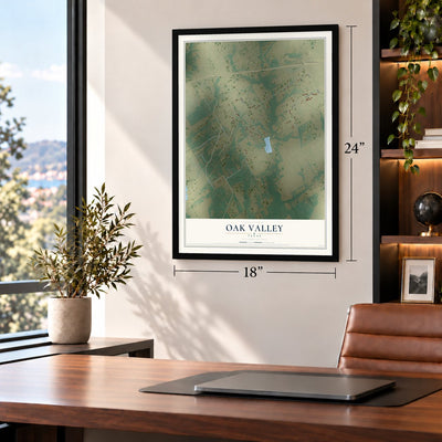 Oak Valley, Texas map, 18 x 24 inch print in a black frame in a home office