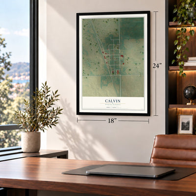 Calvin, North Dakota map, 18 x 24 inch print in a black frame in a home office