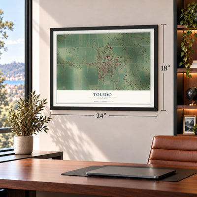 Toledo, Illinois map, 18 x 24 inch print in a black frame in a home office