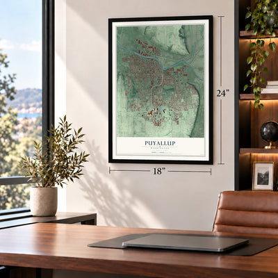Puyallup, Washington map, 18 x 24 inch print in a black frame in a home office