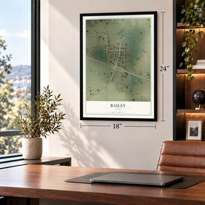 Bailey, Texas map, 18 x 24 inch print in a black frame in a home office