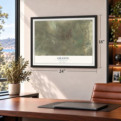 Grants, New Mexico map, 18 x 24 inch print in a black frame in a home office
