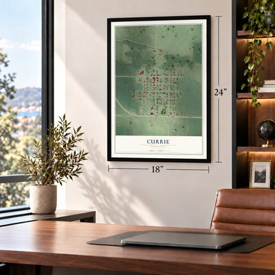 Currie, Minnesota map, 18 x 24 inch print in a black frame in a home office