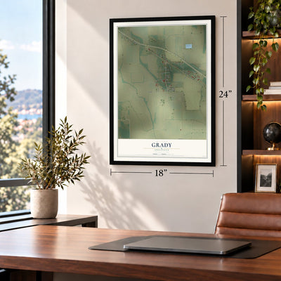 Grady, Arkansas map, 18 x 24 inch print in a black frame in a home office