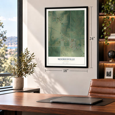 Mooresville, Missouri map, 18 x 24 inch print in a black frame in a home office