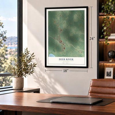 Deer River, Minnesota map, 18 x 24 inch print in a black frame in a home office