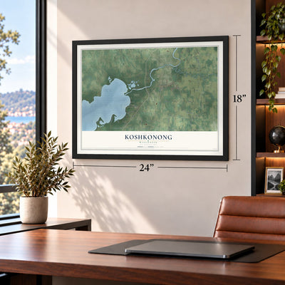 Koshkonong, Wisconsin map, 18 x 24 inch print in a black frame in a home office