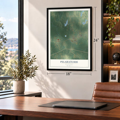 Pelahatchie, Mississippi map, 18 x 24 inch print in a black frame in a home office