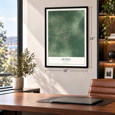 McNeil, Arkansas map, 18 x 24 inch print in a black frame in a home office