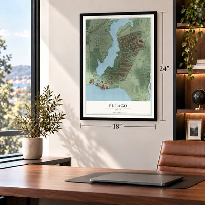 El Lago, Texas map, 18 x 24 inch print in a black frame in a home office