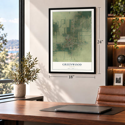 Greenwood, Florida map, 18 x 24 inch print in a black frame in a home office