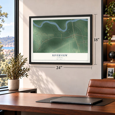 Riverview, Alabama map, 18 x 24 inch print in a black frame in a home office