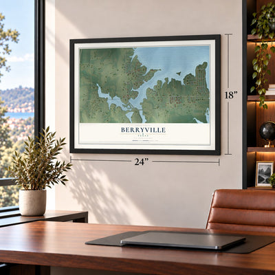 Berryville, Texas map, 18 x 24 inch print in a black frame in a home office
