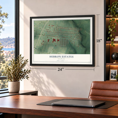 Hebron Estates, Kentucky map, 18 x 24 inch print in a black frame in a home office