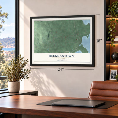 Beekmantown, New York map, 18 x 24 inch print in a black frame in a home office