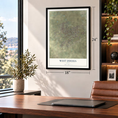 West Odessa, Texas map, 18 x 24 inch print in a black frame in a home office
