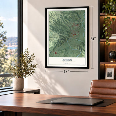Linden, Tennessee map, 18 x 24 inch print in a black frame in a home office