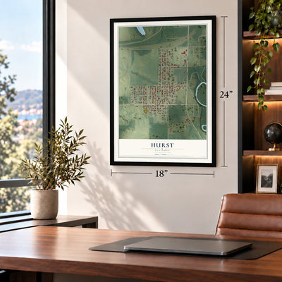 Hurst, Illinois map, 18 x 24 inch print in a black frame in a home office