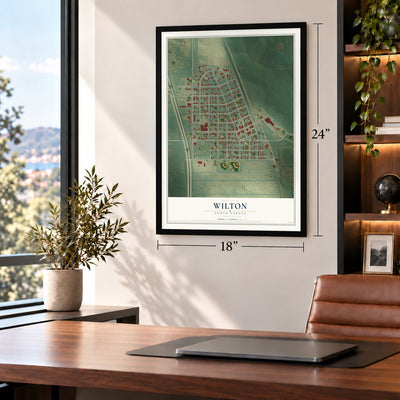 Wilton, North Dakota map, 18 x 24 inch print in a black frame in a home office