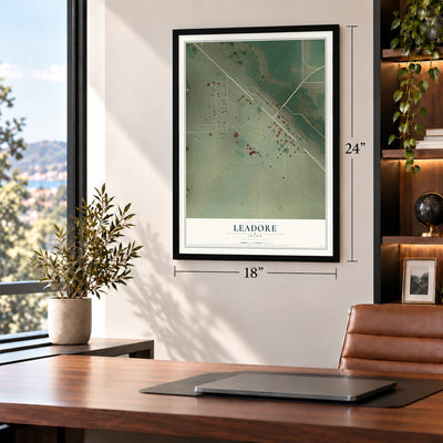 Leadore, Idaho map, 18 x 24 inch print in a black frame in a home office