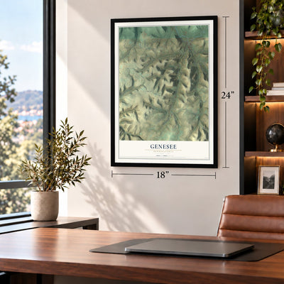 Genesee, Pennsylvania map, 18 x 24 inch print in a black frame in a home office