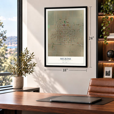 Melrose, New Mexico map, 18 x 24 inch print in a black frame in a home office