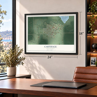 Carthage, South Dakota map, 18 x 24 inch print in a black frame in a home office