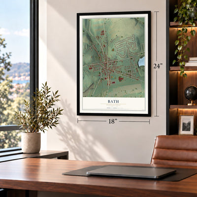 Bath, Pennsylvania map, 18 x 24 inch print in a black frame in a home office
