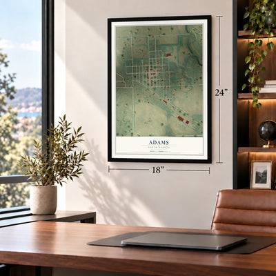 Adams, North Dakota map, 18 x 24 inch print in a black frame in a home office