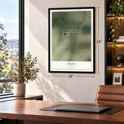Peetz, Colorado map, 18 x 24 inch print in a black frame in a home office