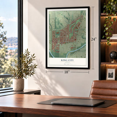 King City, Oregon map, 18 x 24 inch print in a black frame in a home office