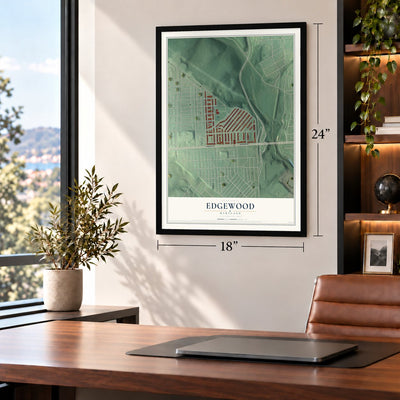 Edgewood, Maryland map, 18 x 24 inch print in a black frame in a home office