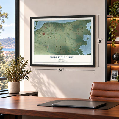 Morrison Bluff, Arkansas map, 18 x 24 inch print in a black frame in a home office