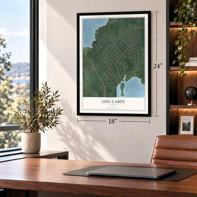 Log Cabin, Texas map, 18 x 24 inch print in a black frame in a home office