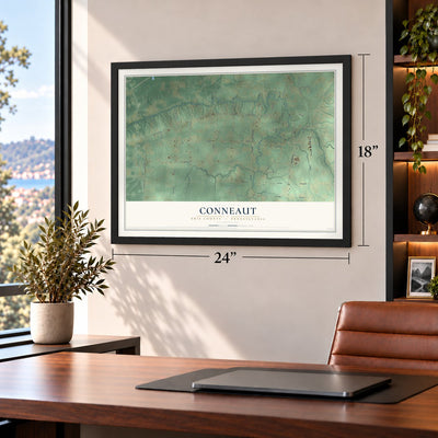 Conneaut, Erie County, Pennsylvania map, 18 x 24 inch print in a black frame in a home office