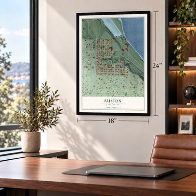 Ruston, Washington map, 18 x 24 inch print in a black frame in a home office