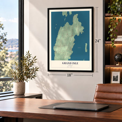 Grand Isle, Vermont map, 18 x 24 inch print in a black frame in a home office