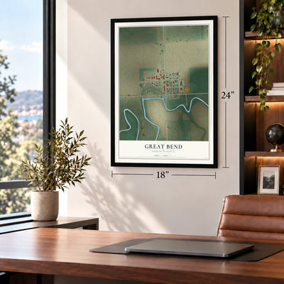 Great Bend, North Dakota map, 18 x 24 inch print in a black frame in a home office