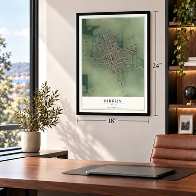 Kirklin, Indiana map, 18 x 24 inch print in a black frame in a home office