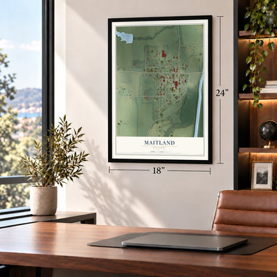 Maitland, Missouri map, 18 x 24 inch print in a black frame in a home office